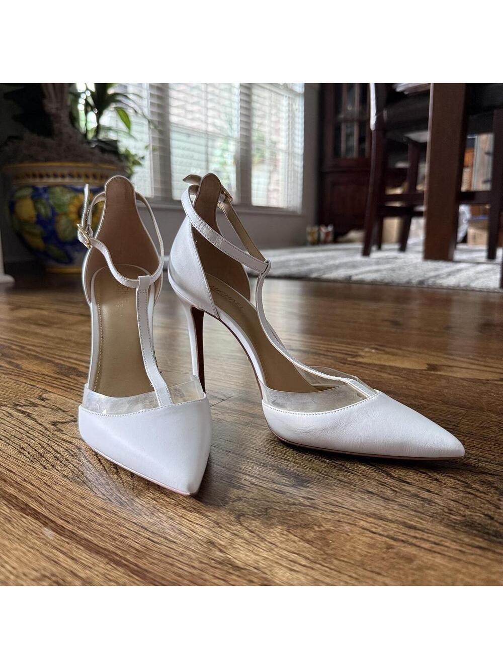 👠 Michael Kors Renata T-Strap Pumps White Leather Clear PVC Heels Size 6.5